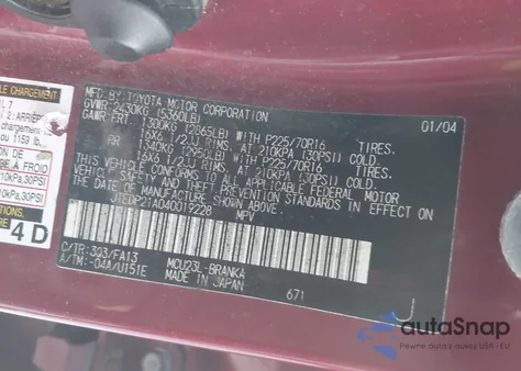 2004 Toyota Highlander V6 z USA, uszkodzony, nr VIN JTEDP21A040019228